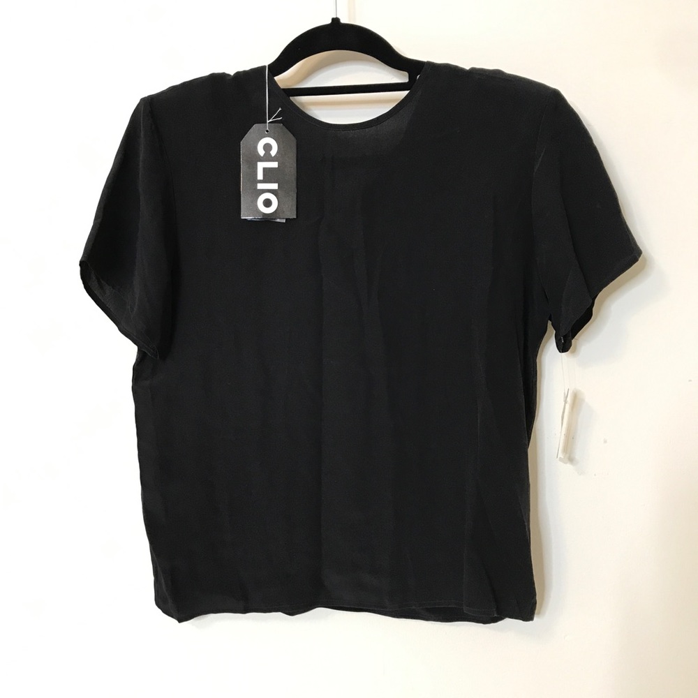 Clio Black 100% Silk Short Sleeve Blouse S NWT